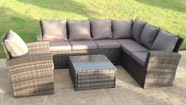 Image of Fimous 7 Seater Outdoor Dark Grey Rattan Lounge Complete Sofa Set with Reclining Chair and Rectangular Dining Table
