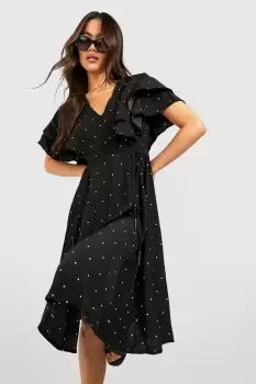 Image of Midi Polka Dot Ruffle Angel Sleeve Midi Dress