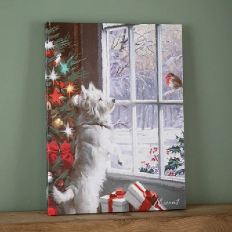 Image of Samuel Alexander 40Cm X 30Cm Battery Operated Light Up Fibre Optic Christmas Dog & Robin Wall Art