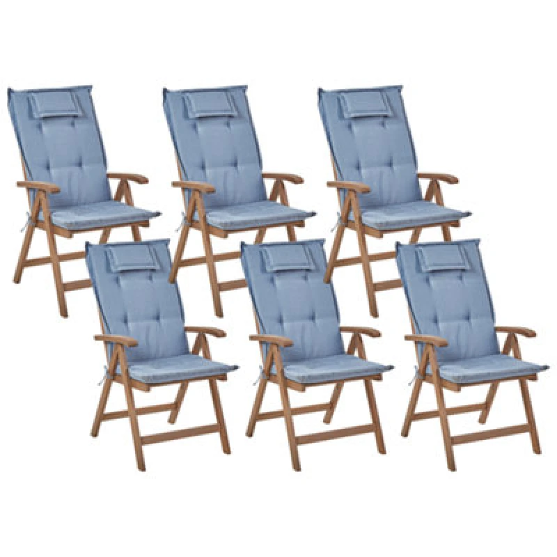 Image of Beliani Set Of 6 Garden Chairs With Cushions Amantea Acacia Wood Blue