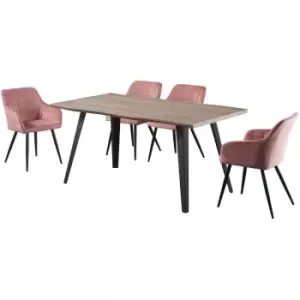 Image of 5 Pieces Life Interiors Camden Rocco Dining Set - a Walnut Rectangular Dining Table and Set of 4 Pink Dining Chairs - Pink