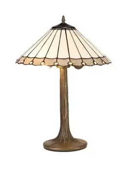 Image of 2 Light Tree Like Table Lamp E27 With 40cm Tiffany Shade, Grey, Crystal, Aged Antique Brass