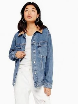 Image of Topshop Cord Collar Denim Jacket - Mid Stone, Blue, Size 10, Women