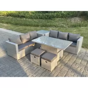 Image of Fimous 6 Seater Outdoor Light Grey Rattan Lounge Complete Sofa Set with Adjustable Dining Table, Side Table, and 2 Stools