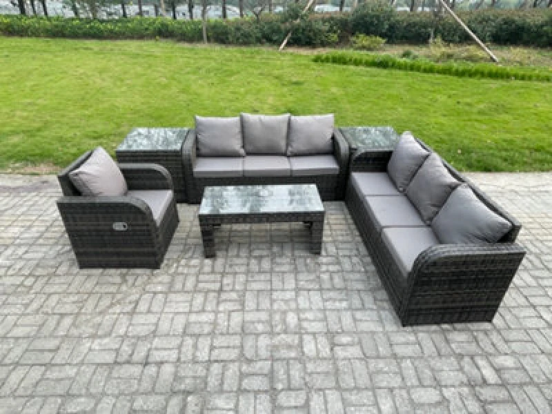 Image of Fimous Wicker PE Rattan Sofa Set 7 Seater Outdoor Patio Garden Furniture Set with 2 Side Tables Reclining Chairs Coffee Table Dark Grey