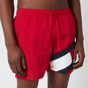 Image of Tommy Hilfiger Mens Signature Flag Medium Length Drawstring Swimshorts - Primary Red - L