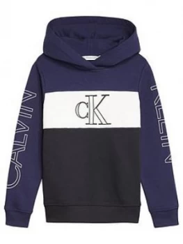 Image of Calvin Klein Jeans Boys Colour Block Logo Hoodie - Blue, Size 16 Years