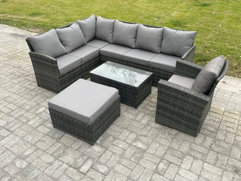 Image of Fimous 8 Seater Rattan Lounge Corner Sofa Set Wicker PE Outdoor Garden Furniture Set with Coffee Table Big Footstool Armchair in Dark Grey Dark Grey U