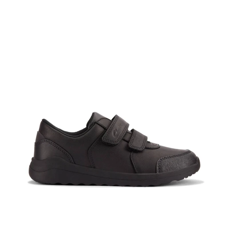 Image of Clarks Daze Step 2 Kid Black Leather Riptape, School Shoes Size: 1.5-Standard Fit Black Unisex 1.5-Standard Fit