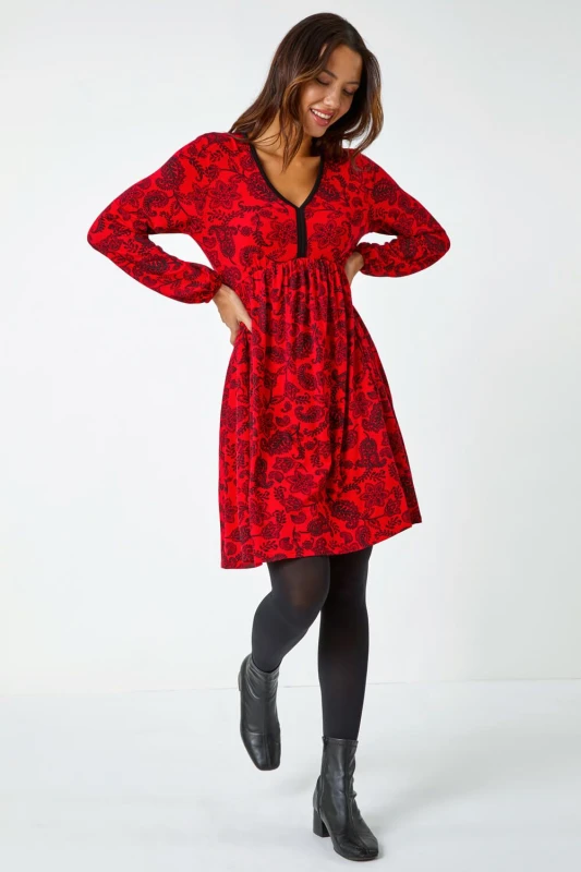 Image of Roman Floral Print Stretch Jersey Dress Red