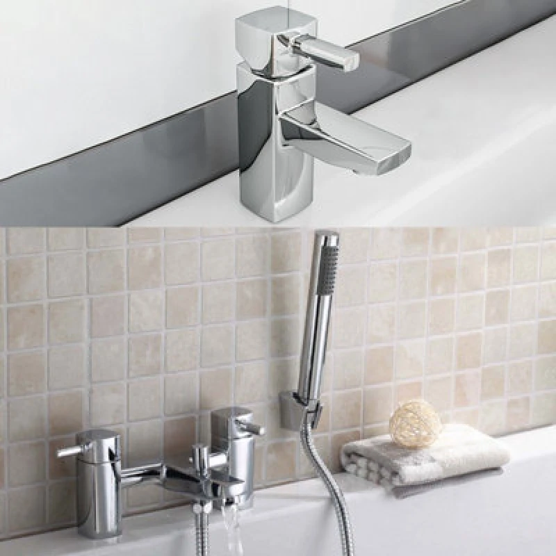 Image of Nes Home Newport Square Basin Sink Mono Mixer Tap & Bath Shower Mixer Tap Chrome