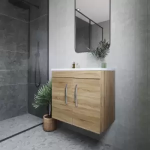 Image of Nuie - Athena Wall Hung 2-Door Vanity Unit with Sparkling White Worktop 600mm Wide - Natural Oak