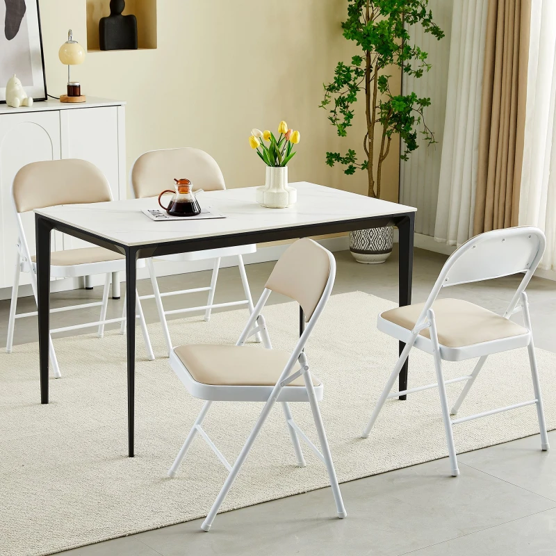 Image of MCC Direct Set of 4 Folding Dining Chairs Metal Frame Padded Seats Beige