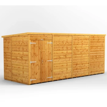 Image of 16x6 Power Windowless Pent Double Door Garden Shed - Brown