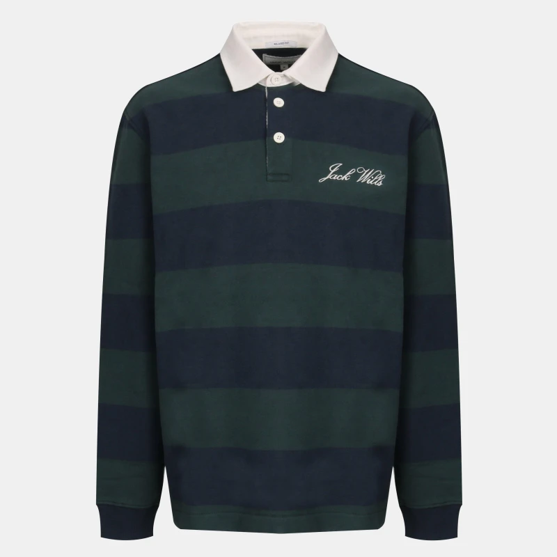 Image of Jack Wills Mens Cotton Long Sleeve Rugby Polo Shirt Pine/Navy male S