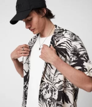 Image of AllSaints Mens Lanai Shirt, Ecru/Jet Black, Size: M