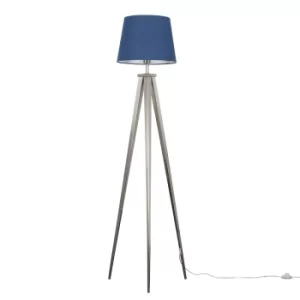 Image of Nero Brushed Chrome Tripod Floor Lamp with Navy Blue Aspen Shade