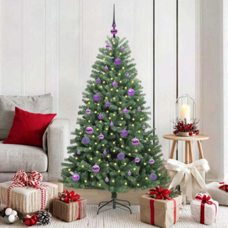 Image of vidaXL Artificial Hinged Christmas Tree with Lilac Balls Green 150cm PVC and Metal, Green 3395484