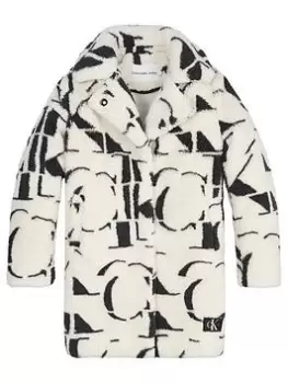 Image of Calvin Klein Jeans Girls Monogram All Over Print Fur Coat - Ivory, Ivory, Size 14 Years, Women