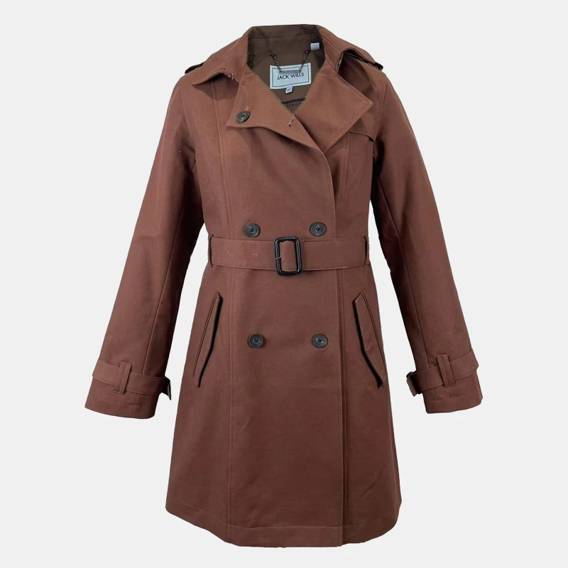 Image of Jack Wills Womens Double Breasted Cotton Water Resistant Mid-Length Trench Coat Dark Brown female 8 (XS)