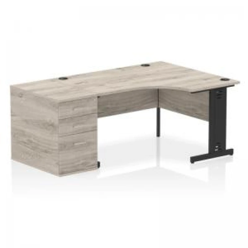 Image of Impulse Impulse 1400mm Right Crescent Office Desk Grey Oak Top Black Cable Managed Leg Workstation 800 Deep Desk High Pedestal IWSRC148BCMGRY