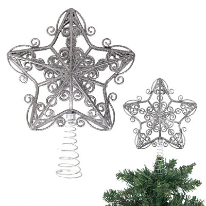 Image of Shatchi Christmas Silver Glitter Star Tree Topper - Sparkling Star Decoration For Xmas Tree - Elegant Christmas Home Decor