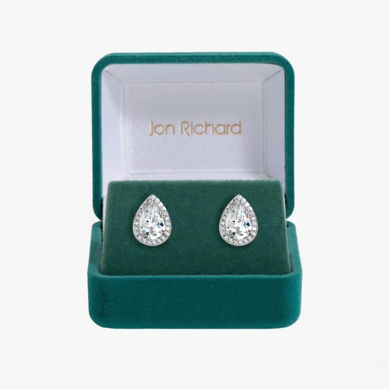 Image of Jon Richard Rhodium Plated Cubic Zirconia Crystal Peardrop Stud Earrings - Gift Boxed Silver