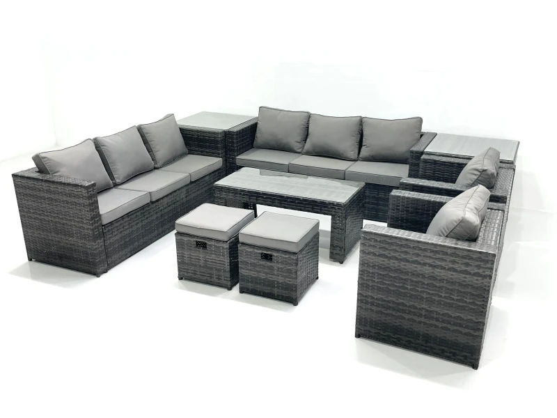 Image of Fimous Rattan Garden Furniture Sofa Set with Coffee table Armchair 2 Side Tables 2 Small Footstools Dark Grey Mixed Dark Grey