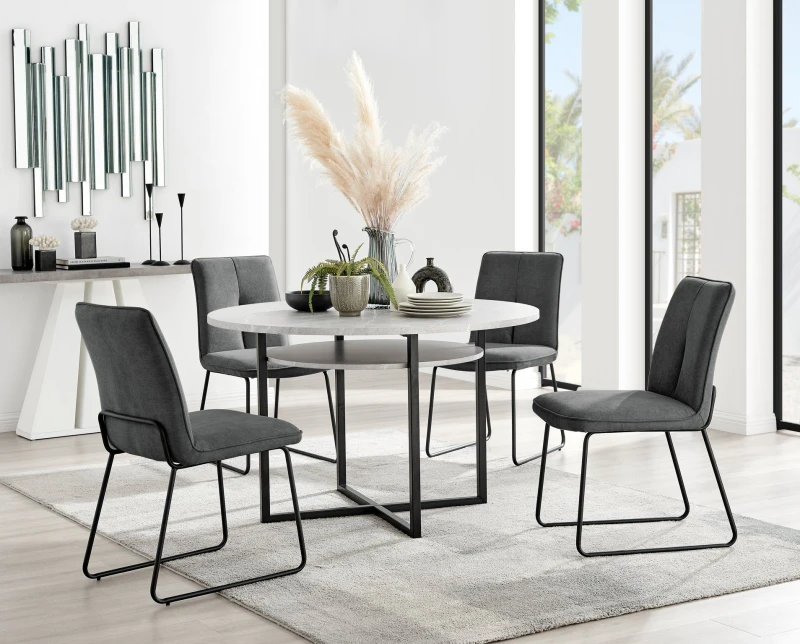 Image of FurnitureboxUK FurnitureboxUK Adley Grey Concrete Effect Round Dining Table & 4 Halleyy Fabric Chairs in Dark Grey Dark Grey One Size Unisex 505654268