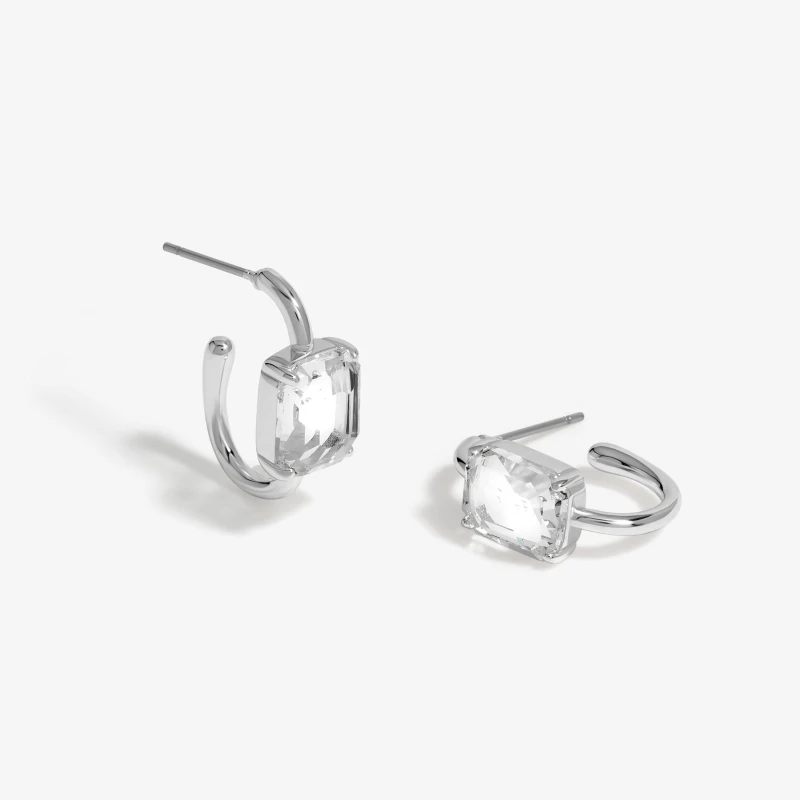 Image of Mood Silver Crystal Emerald Cut Stone Hoop Earrings Silver female