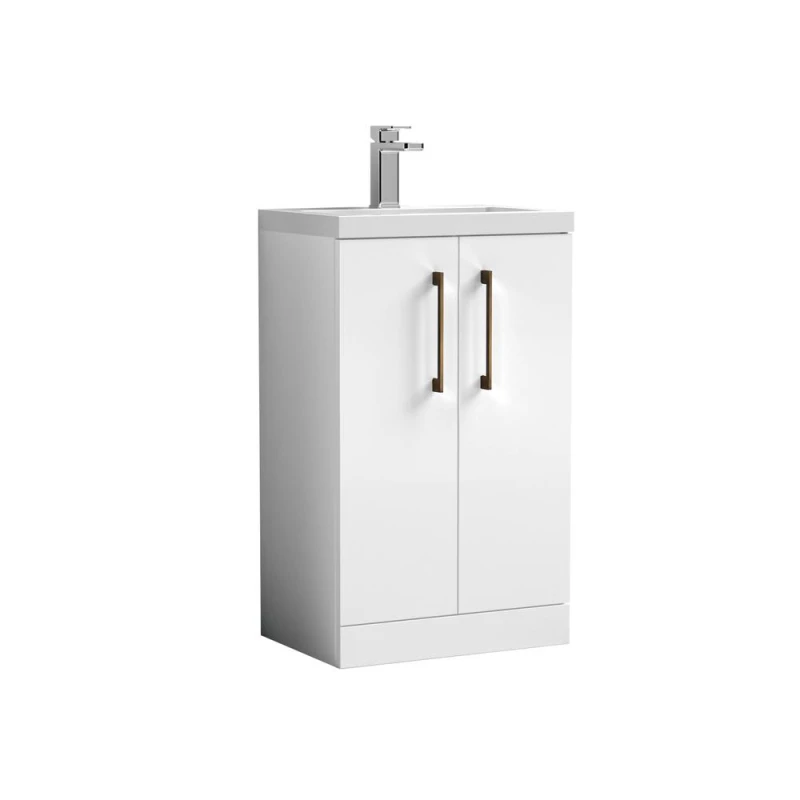 Image of Balterley Level Compact Bathroom Cloakroom Vanity Basin Unit With Ceramic Basin, Brushed Bronze Handles, 500mm, Gloss White