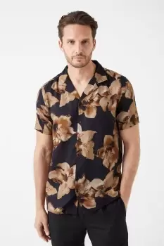 Image of Black Large Brown Floral Viscose Print Revere Shirt