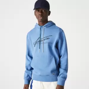 Image of Lacoste Mens Signature Hooded Flecked Cotton Fleece Hoodie Size 5 - L Blue Chine
