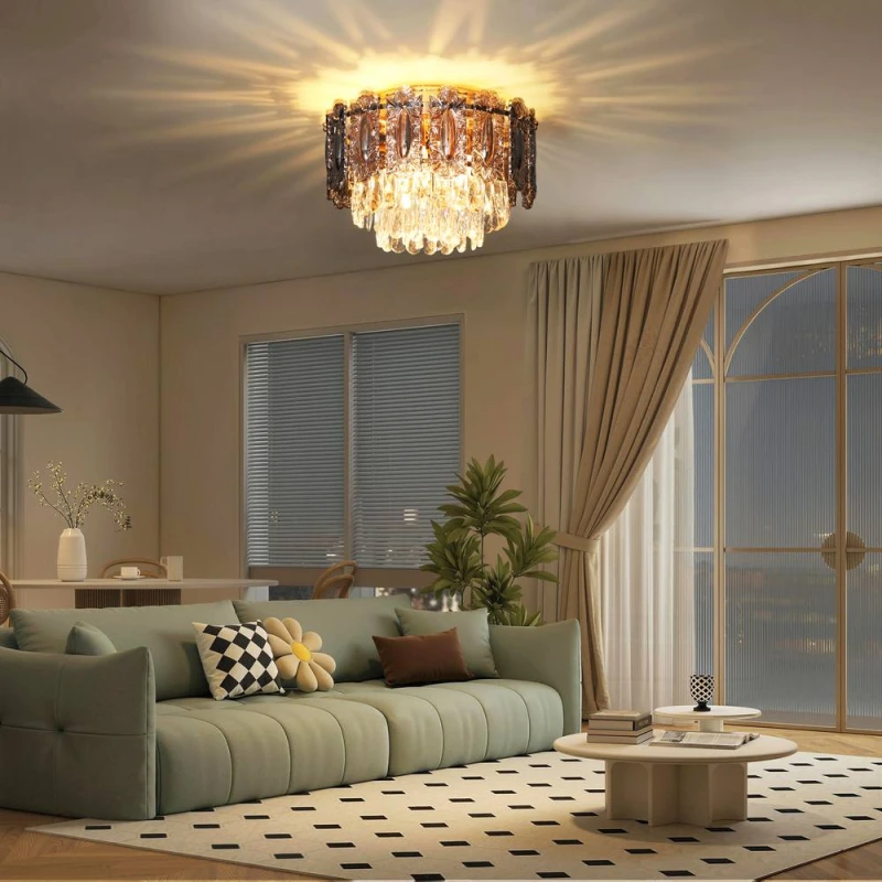 Image of HOMCOM HOMCOM Vintage Ceiling Light with Dual Crystal and Smoke Glass Shade, Gold Size: 40cm diameter x 25cm high Gold 40cm diameter x 25cm high Uni