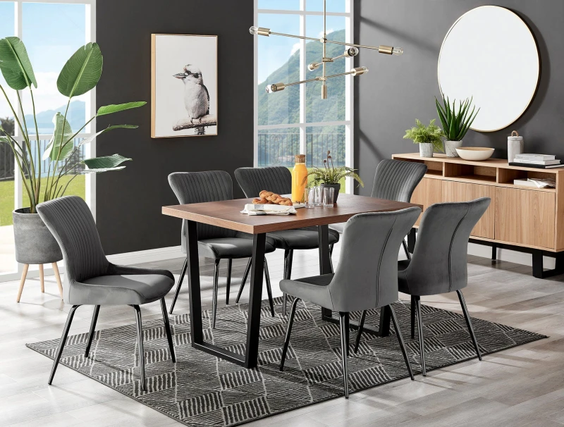 Image of FurnitureboxUK FurnitureboxUK Kylo Large Brown Wood Effect Dining Table & 6 Nora Black Leg Velvet Chairs in Dark Grey Dark Grey One Size Unisex 505665