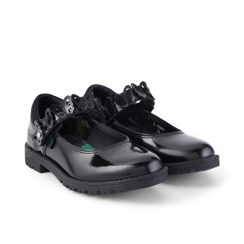 Image of Kickers Kids Lachly Butterfly Patent Shoes Black female UK 2.5