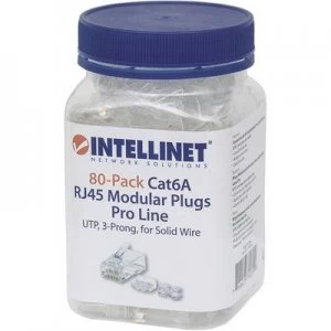 Image of INTELLINET 80er-Pack Cat6A RJ45 modular plug Pro Line UTP 3-point wire contacting for solid wire 80 plugs in the beaker 50 µ gold-plated contacts Crim