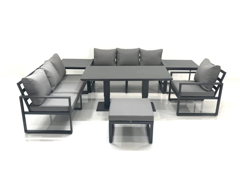 Image of Fimous Outdoor Garden Furniture Set Aluminium Lounge Sofa Adjustable Rising Lifting Dining Table Sets with Big Footstool 2 Side Tables Dark Grey Dark