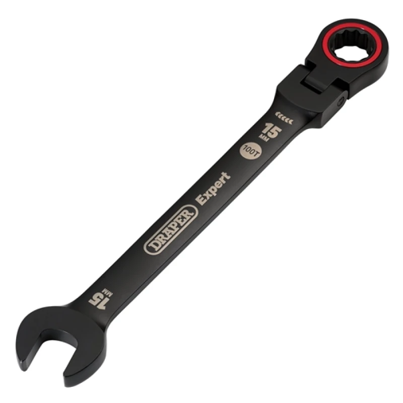 Image of Draper Expert HI-TORQ Metric Flexible Head Ratchet Combination Spanner, 15mm, Black 3922