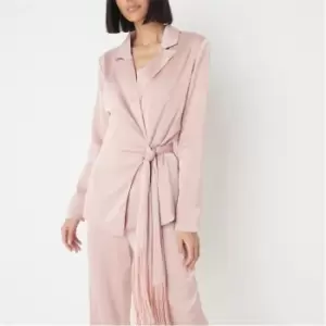 Image of Missguided Fringe Satin Tie Waist Blazer - Pink