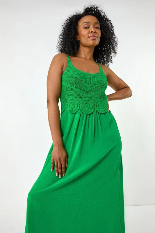 Image of Roman Womens Petite Crochet Contrast Midi Dress in Green Size: 16 Green Female 16