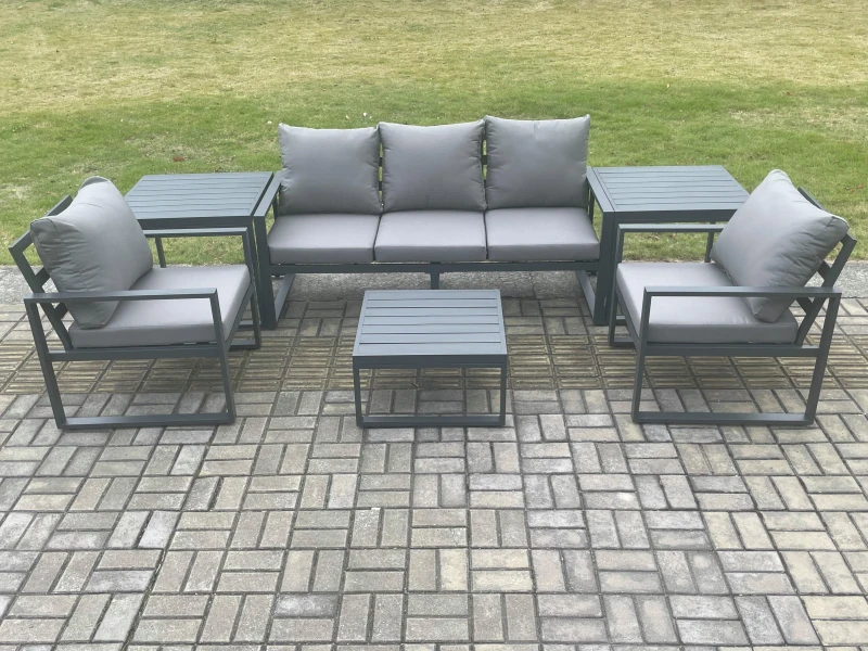 Image of Fimous Aluminium Outdoor Garden Furniture Set Lounge Sofa 2 PC Chairs Square Coffee Table Sets with 2 Side Tables Dark Grey Dark Grey Unisex