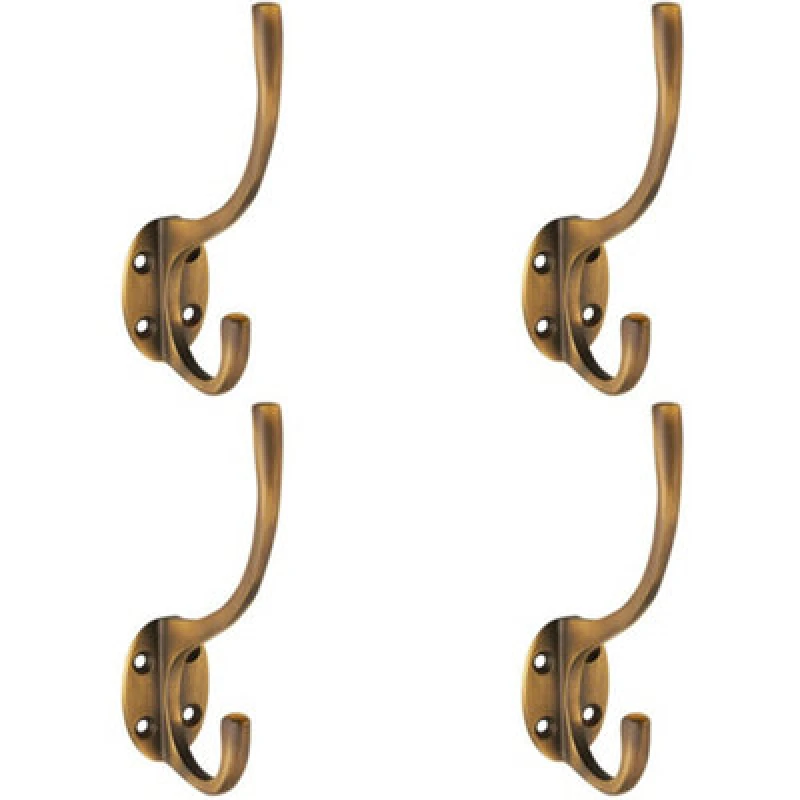 Image of Loops 4x Victorian Hat & Coat Hook on Oval Backplate 64mm Projection Antique Brass Metallics