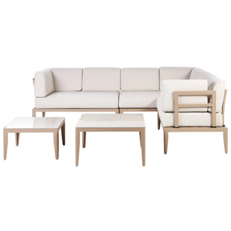 Image of Beliani Garden Corner Sofa With Table 6 Seater Rima Iii Left Hand Modular Metal Light Beige