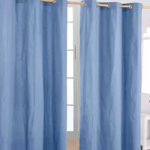 Image of Homescapes - homecapes Cotton Plain Airforce Blue Ready Made Eyelet Curtain Pair, 137 x 182cm - Blue