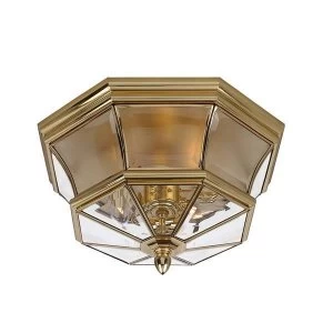 Image of 3 Light Flush Mount Outdoor Ceiling Light Polished Brass IP44, E14