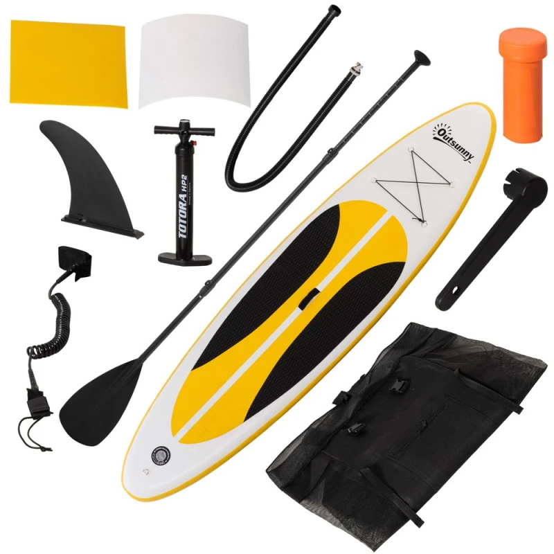 Image of Outsunny 10ft Inflatable Paddle Stand Up Board Adjustable Paddle Non-Slip Deck White, Yellow, Black A33-018