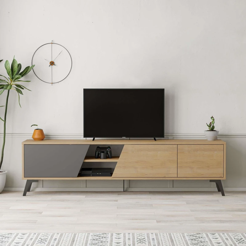 Image of DECORTIE Decortie - Fiona Modern tv Stand Multimedia Centre tv Unit With Storage Cabinet 180cm - Oak / Anthracite Grey - Anthracite Grey M.TV.23530.6