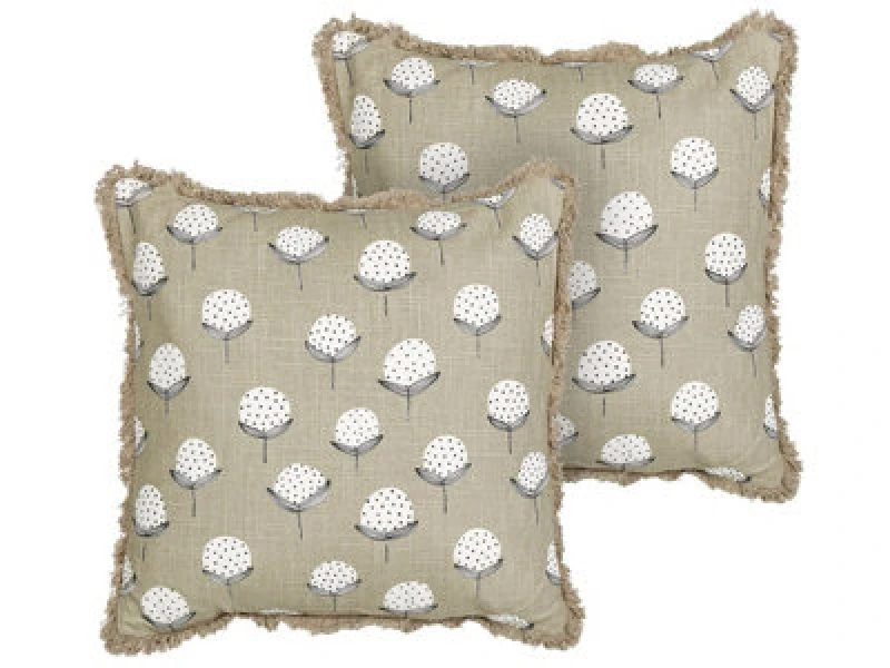 Image of Beliani Set Of 2 Decorative Cushions Psilotales Cotton 45 X 45cm Beige Floral Pattern