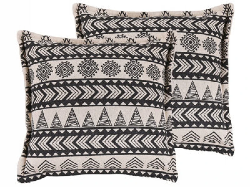 Image of Beliani Set Of 2 Decorative Cushions Hentepe Cotton 45 X 45cm Black Geometric Pattern